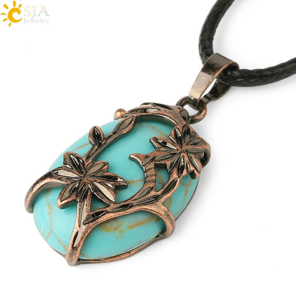Minimalist Flower Pendant Necklace With Natural Stone And Crystal On Wax Rope Plated Bronze Jewelry For Women
