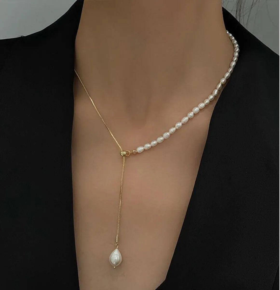 Minimalist Freshwater Pearl Stretch Titanium Steel Necklace Simple Necklace New Clavicle Chain