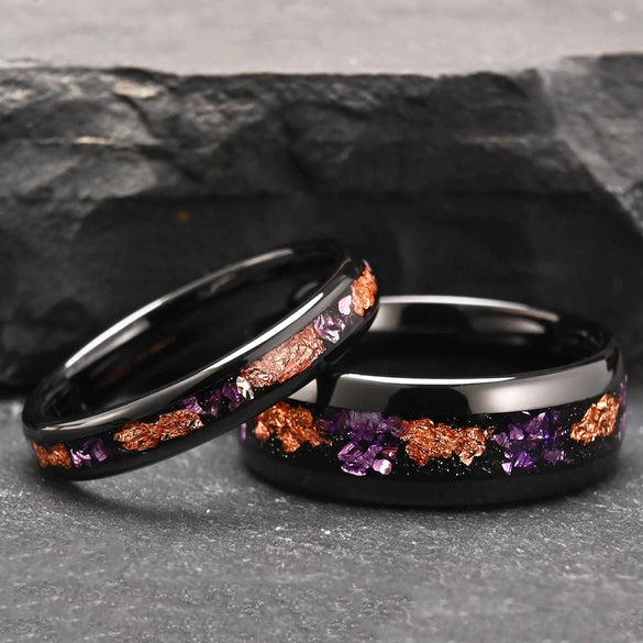 Minimalist Geometric Black Electroplated Tungsten Steel Ring With Crushed Gold Foil Inlay Unisex Jewelry