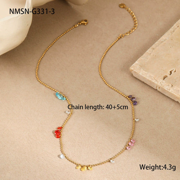 Minimalist Geometric Color Zircon Dopamine Women's Titanium Steel Necklace Plated 18K Gold