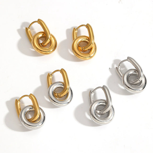 Minimalist Geometric Doublering Stainless Steel Earrings For Women With Pvd Furnace Vacuum Real Gold Plating