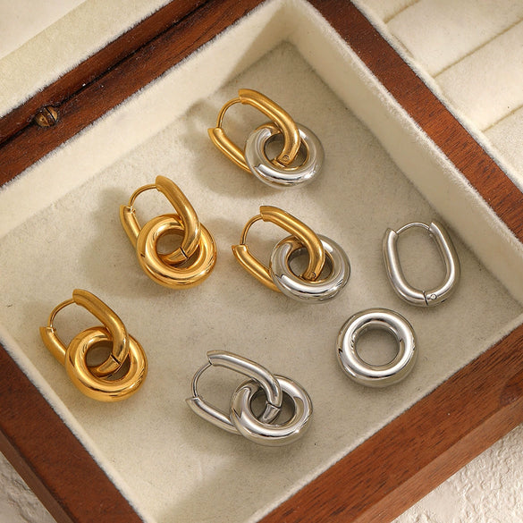 Minimalist Geometric Doublering Stainless Steel Earrings For Women With Pvd Furnace Vacuum Real Gold Plating