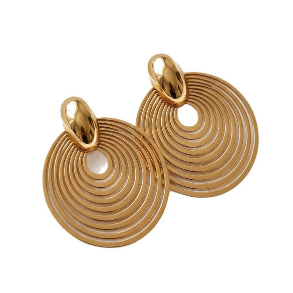 Minimalist Geometric Layered Copper Drop Earrings With Intertwined Studs Exaggerated Round Pendants And Electroplated Finish For Women