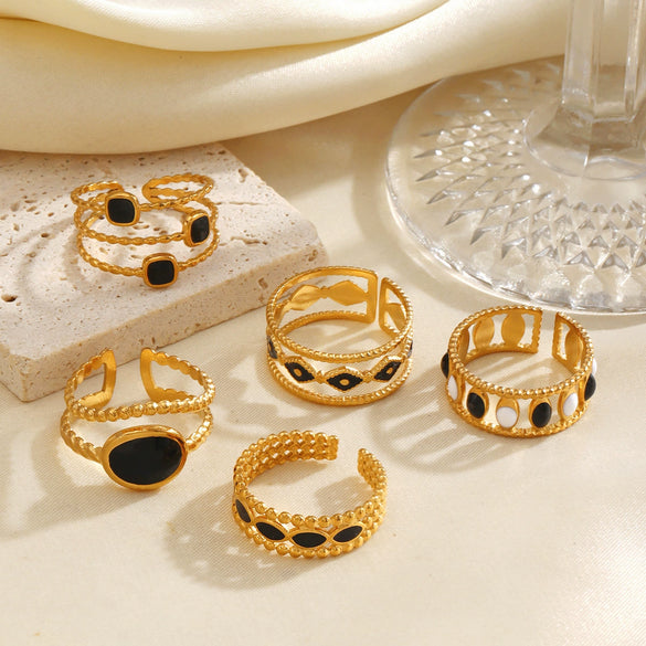 Minimalist Geometric Line Open Ring With Oil Drip Detail And Gold Tone Electroplated Stainless Steel Jewelry For Women