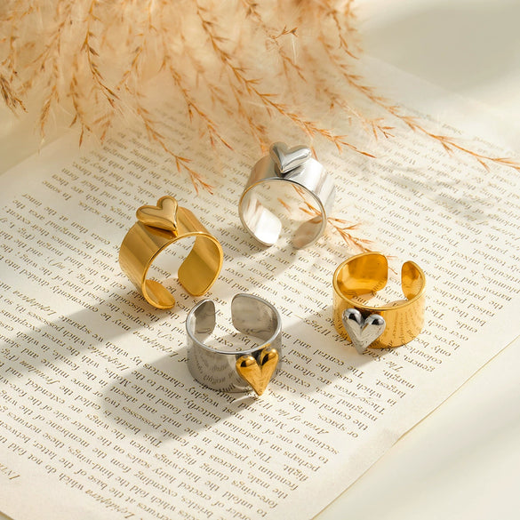 Minimalist Geometric Love Pattern Stainless Steel Adjustable Open Ring For Women With Vacuum Plated Finish