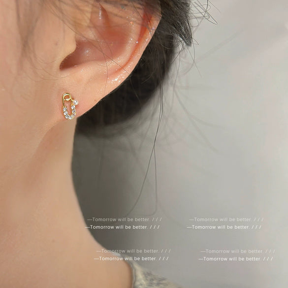 Minimalist Geometric Paper Clip Stud Earrings For Women Copper With 925 Silver Needles 14K Gold Plated Micropaved Zircon Earrings