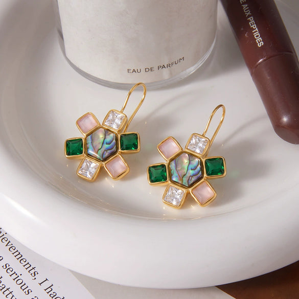 Minimalist Geometric Seashell Earrings With Zircon Accents Stainless Steel With Eighteen Karat Gold Plating For Women