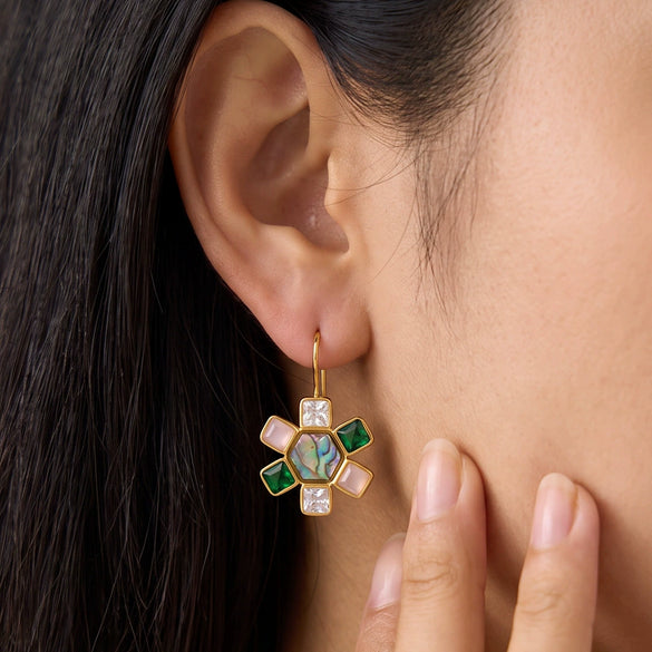 Minimalist Geometric Seashell Earrings With Zircon Accents Stainless Steel With Eighteen Karat Gold Plating For Women