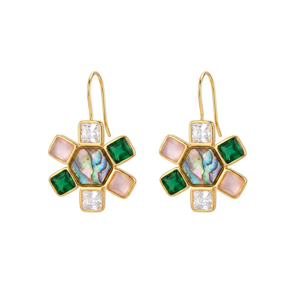Minimalist Geometric Seashell Earrings With Zircon Accents Stainless Steel With Eighteen Karat Gold Plating For Women
