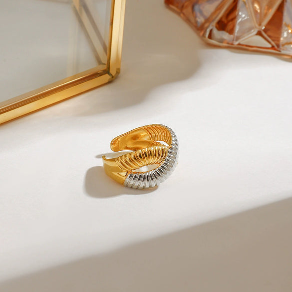 Minimalist Geometric Stainless Steel Ring With Gold And Silver Color Matching Electroplating