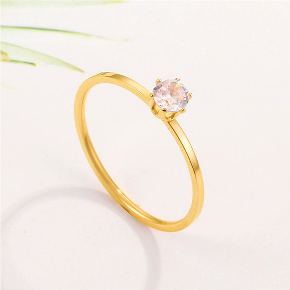 Minimalist Geometric Titanium Steel Ring With Six Prong Diamond Style Inlay Rose Finish Unisex Fine Jewelry