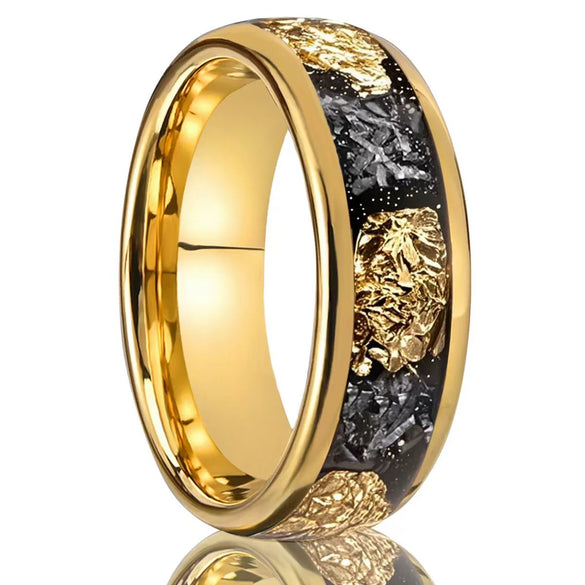 Minimalist Geometric Tungsten Steel Ring With Gold Tone Electroplated Broken Gold Foil Meteorite Inlay For Men And Women