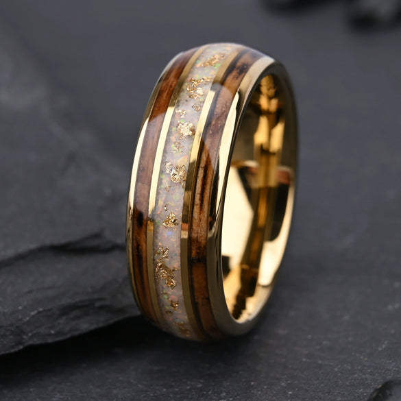 Minimalist Geometric Tungsten Steel Ring With Spherical Design Gold Electroplated Finish Opal And Gold Foil Inlay And Barrelshaped Oak Wood Accent