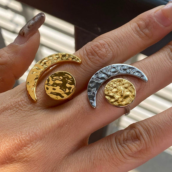 Minimalist Hammer Pattern Geometric Gold And Silver Moon Sun Adjustable Opening Titanium Steel Ring