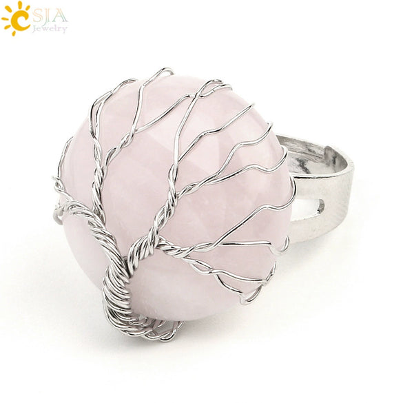Minimalist Handmade Crystal Open Adjustable Ring With Natural Stone Arc Surface And Tree Of Life Design For Unisex Wear