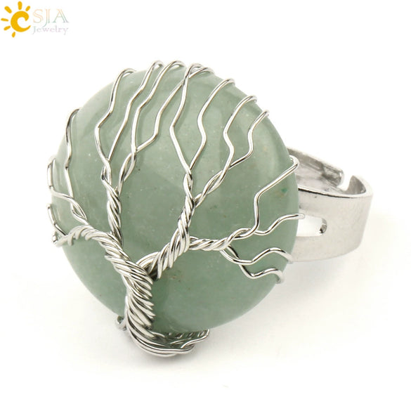 Minimalist Handmade Crystal Open Adjustable Ring With Natural Stone Arc Surface And Tree Of Life Design For Unisex Wear