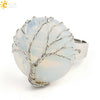 Minimalist Handmade Crystal Open Adjustable Ring With Natural Stone Arc Surface And Tree Of Life Design For Unisex Wear