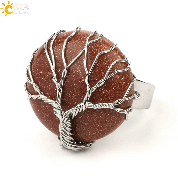 Minimalist Handmade Crystal Open Adjustable Ring With Natural Stone Arc Surface And Tree Of Life Design For Unisex Wear