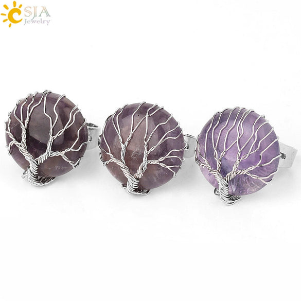 Minimalist Handmade Crystal Open Adjustable Ring With Natural Stone Arc Surface And Tree Of Life Design For Unisex Wear