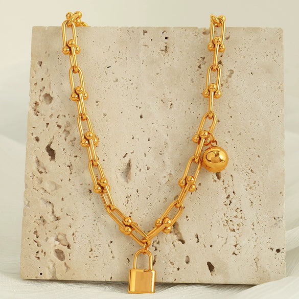 Minimalist Handmade 316L Stainless Steel Round Bead Chain Lock Necklace And Ushaped Chain Bracelet Electroplated Jewelry For Women