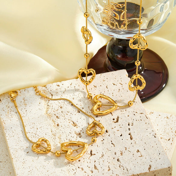 Minimalist Heart Pattern Stainless Steel Necklace And Bracelet Set For Women With Gold Vacuum Plated Finish