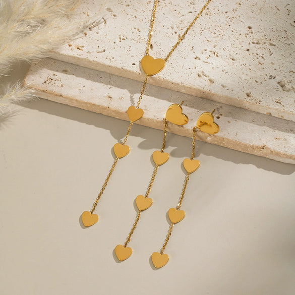 Minimalist Heart Shaped Stainless Steel Jewelry Set With Tassels Electroplated For Women Necklace And Earrings