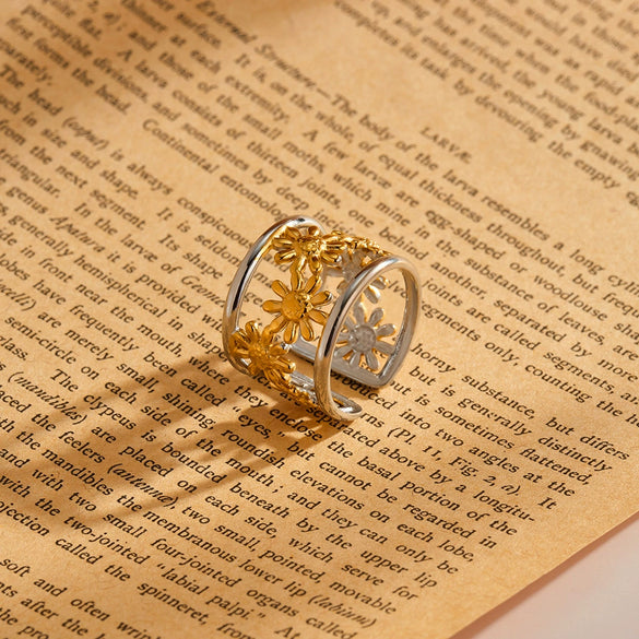 Minimalist Hollow Flower Geometric Stainless Steel Open Ring For Women With Gold Electroplated Finish