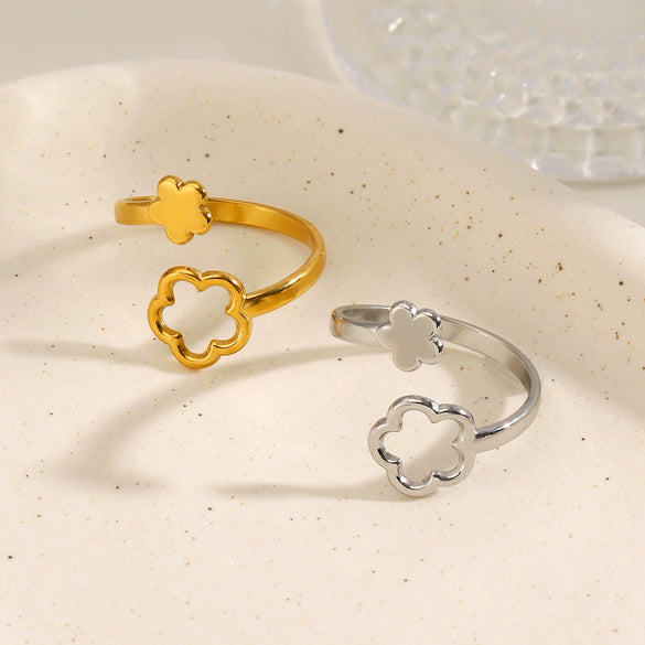 Minimalist Hollow Flower Stainless Steel Ring For Women Electroplated Non Fading Sweet Floral Jewelry