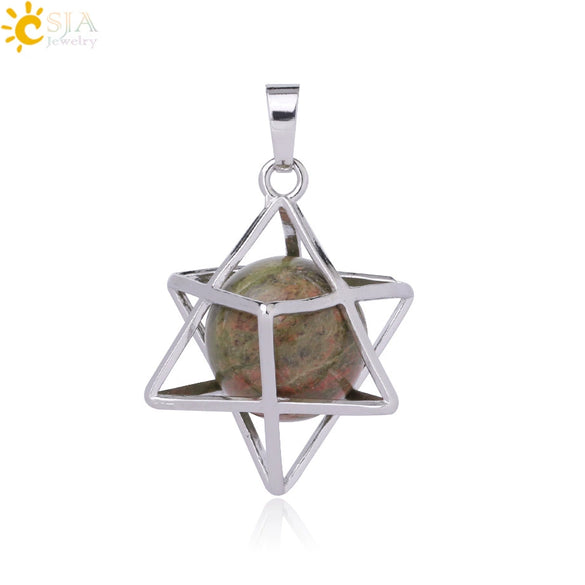 Minimalist Hollow Metal Cage Merkaba Pendant Necklace With Natural Stone Bead Chain Electroplated Crystal Fluorite And Agate Jewelry