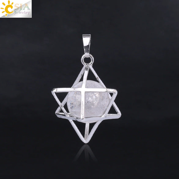 Minimalist Hollow Metal Cage Merkaba Pendant Necklace With Natural Stone Bead Chain Electroplated Crystal Fluorite And Agate Jewelry
