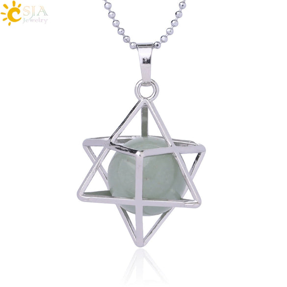 Minimalist Hollow Metal Cage Merkaba Pendant Necklace With Natural Stone Bead Chain Electroplated Crystal Fluorite And Agate Jewelry