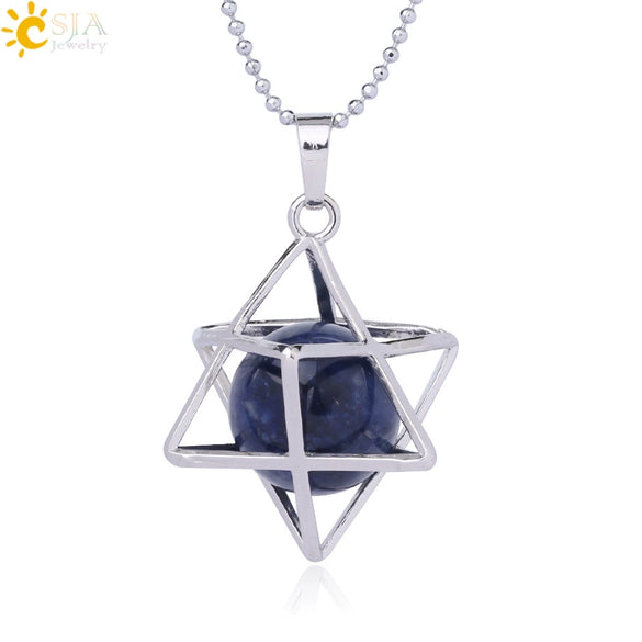 Minimalist Hollow Metal Cage Merkaba Pendant Necklace With Natural Stone Bead Chain Electroplated Crystal Fluorite And Agate Jewelry