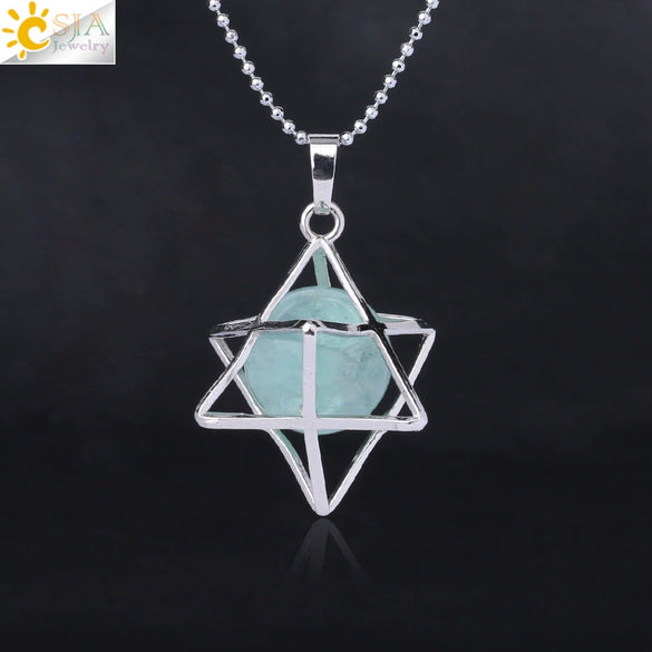 Minimalist Hollow Metal Cage Merkaba Pendant Necklace With Natural Stone Bead Chain Electroplated Crystal Fluorite And Agate Jewelry