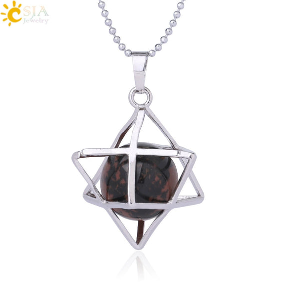 Minimalist Hollow Metal Cage Merkaba Pendant Necklace With Natural Stone Bead Chain Electroplated Crystal Fluorite And Agate Jewelry