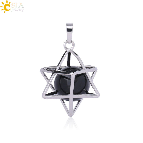 Minimalist Hollow Metal Cage Merkaba Pendant Necklace With Natural Stone Bead Chain Electroplated Crystal Fluorite And Agate Jewelry