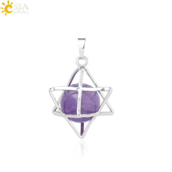 Minimalist Hollow Metal Cage Merkaba Pendant Necklace With Natural Stone Bead Chain Electroplated Crystal Fluorite And Agate Jewelry