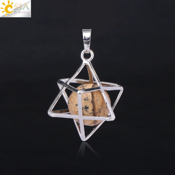 Minimalist Hollow Metal Cage Merkaba Pendant Necklace With Natural Stone Bead Chain Electroplated Crystal Fluorite And Agate Jewelry