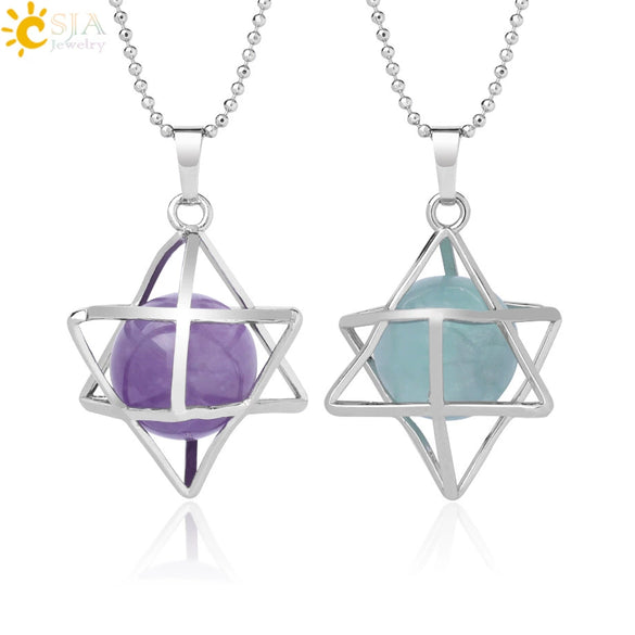 Minimalist Hollow Metal Cage Merkaba Pendant Necklace With Natural Stone Bead Chain Electroplated Crystal Fluorite And Agate Jewelry