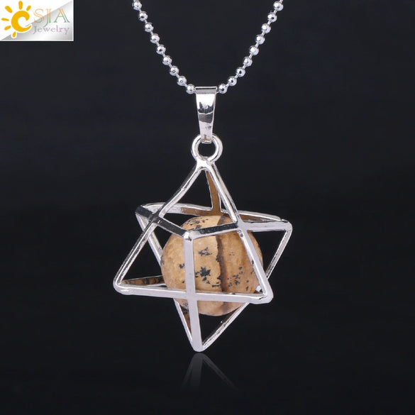 Minimalist Hollow Metal Cage Merkaba Pendant Necklace With Natural Stone Bead Chain Electroplated Crystal Fluorite And Agate Jewelry