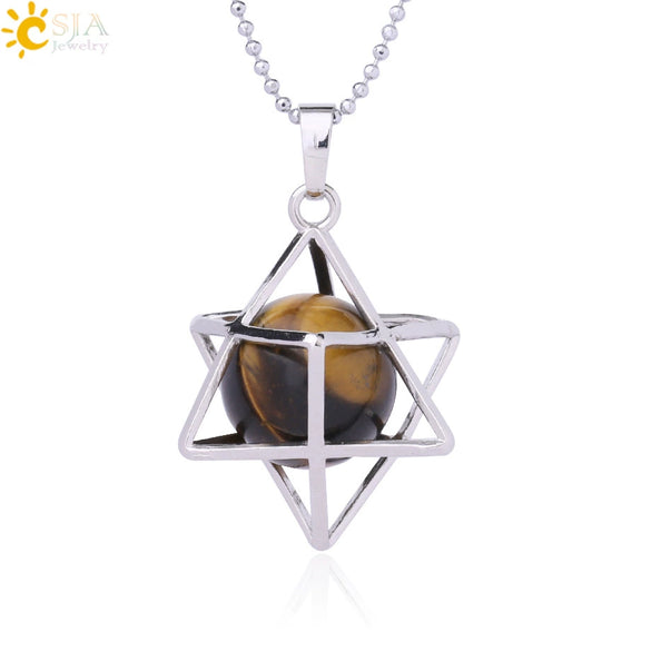 Minimalist Hollow Metal Cage Merkaba Pendant Necklace With Natural Stone Bead Chain Electroplated Crystal Fluorite And Agate Jewelry