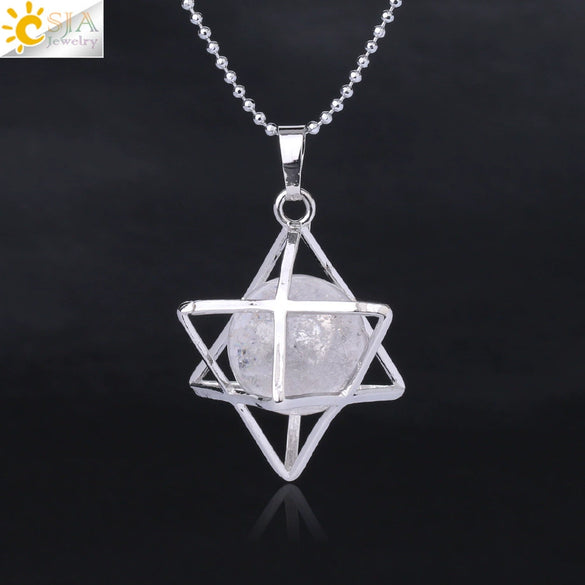 Minimalist Hollow Metal Cage Merkaba Pendant Necklace With Natural Stone Bead Chain Electroplated Crystal Fluorite And Agate Jewelry