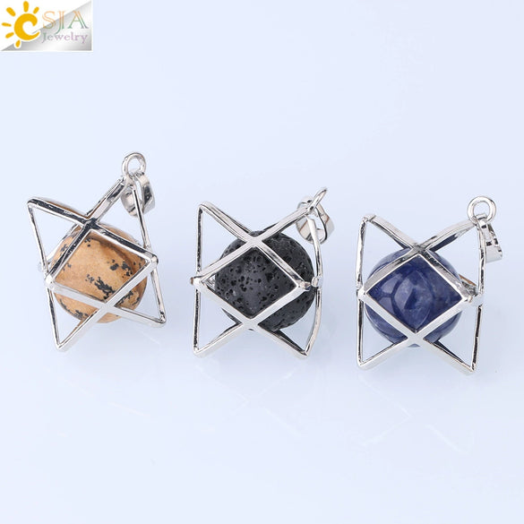 Minimalist Hollow Metal Cage Merkaba Pendant Necklace With Natural Stone Bead Chain Electroplated Crystal Fluorite And Agate Jewelry