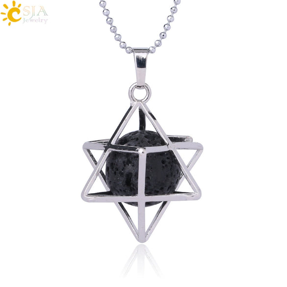Minimalist Hollow Metal Cage Merkaba Pendant Necklace With Natural Stone Bead Chain Electroplated Crystal Fluorite And Agate Jewelry