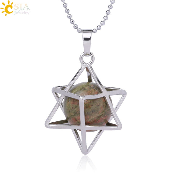 Minimalist Hollow Metal Cage Merkaba Pendant Necklace With Natural Stone Bead Chain Electroplated Crystal Fluorite And Agate Jewelry