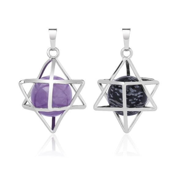 Minimalist Hollow Metal Cage Merkaba Pendant Necklace With Natural Stone Bead Chain Electroplated Crystal Fluorite And Agate Jewelry