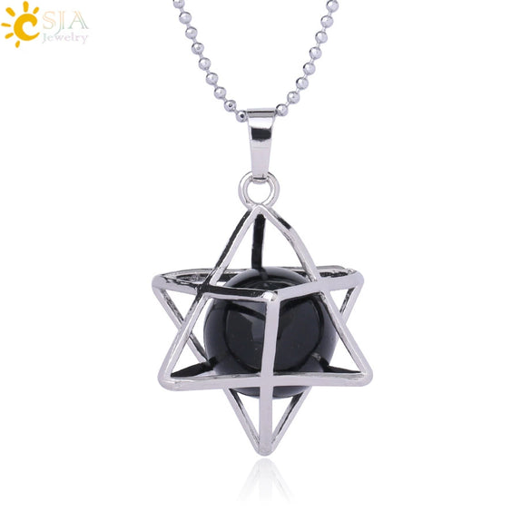 Minimalist Hollow Metal Cage Merkaba Pendant Necklace With Natural Stone Bead Chain Electroplated Crystal Fluorite And Agate Jewelry