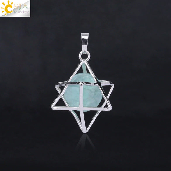 Minimalist Hollow Metal Cage Merkaba Pendant Necklace With Natural Stone Bead Chain Electroplated Crystal Fluorite And Agate Jewelry