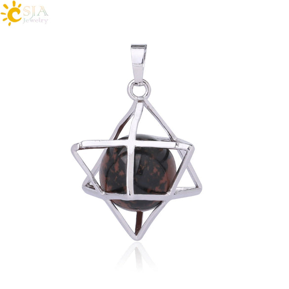 Minimalist Hollow Metal Cage Merkaba Pendant Necklace With Natural Stone Bead Chain Electroplated Crystal Fluorite And Agate Jewelry