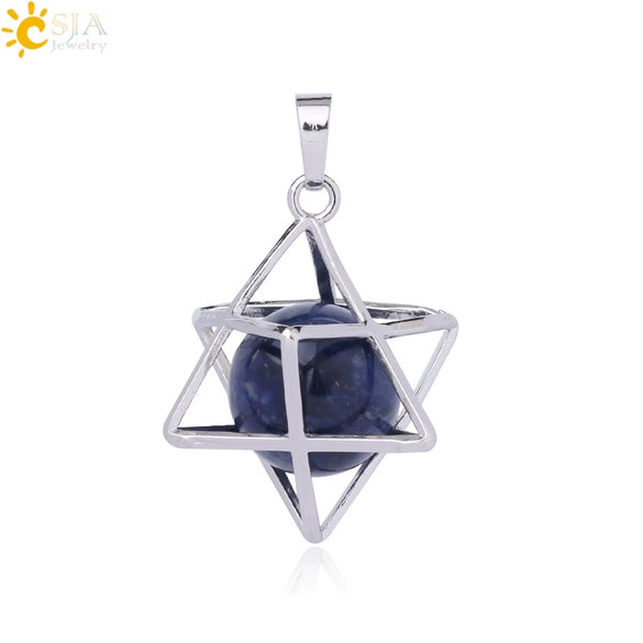 Minimalist Hollow Metal Cage Merkaba Pendant Necklace With Natural Stone Bead Chain Electroplated Crystal Fluorite And Agate Jewelry