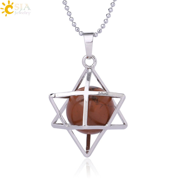 Minimalist Hollow Metal Cage Merkaba Pendant Necklace With Natural Stone Bead Chain Electroplated Crystal Fluorite And Agate Jewelry